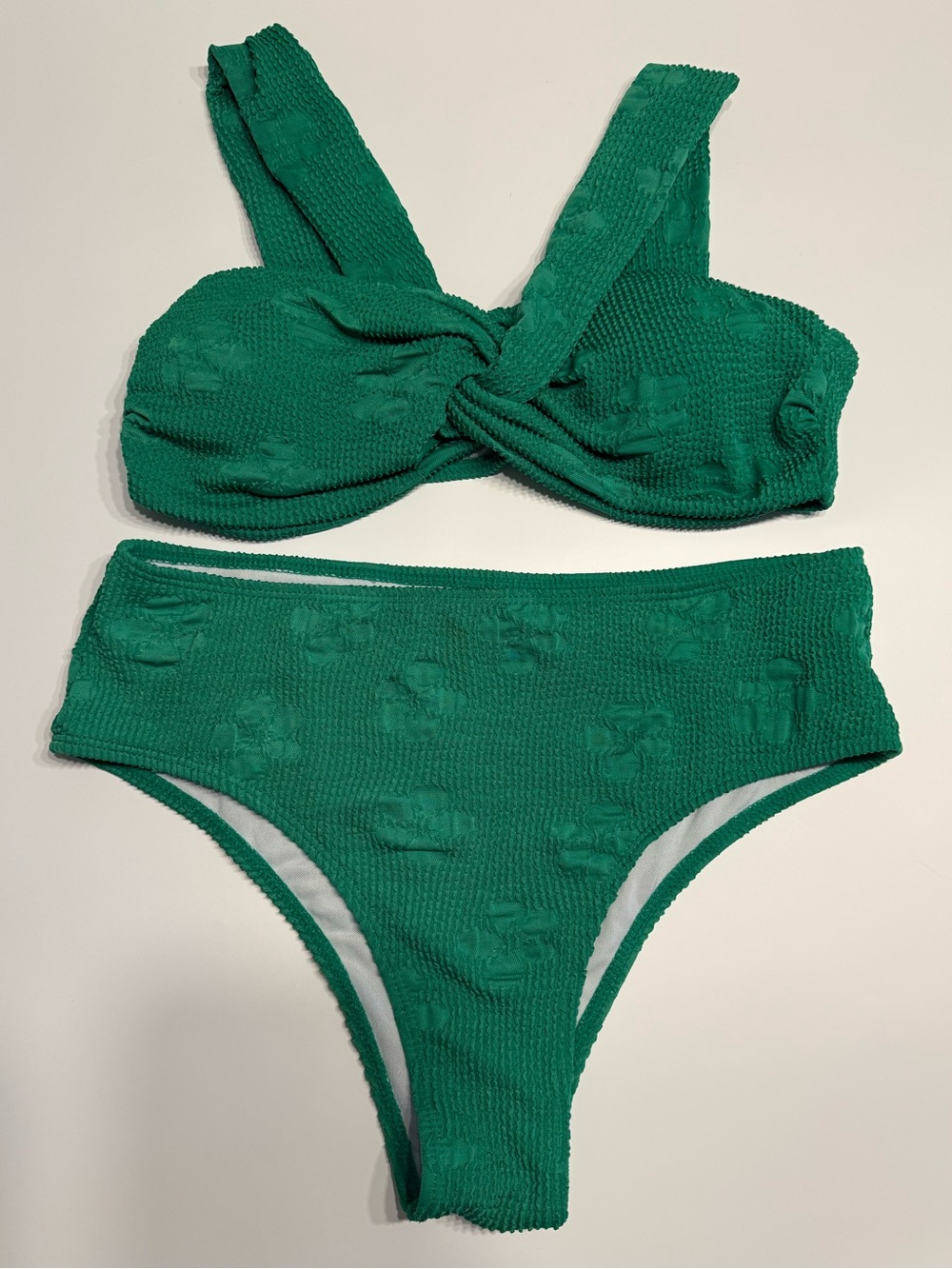 SHEIN Kelly Green Textured Jacquard Floral High Waist Bikini Set Resortwear Lg - Picture 1 of 6